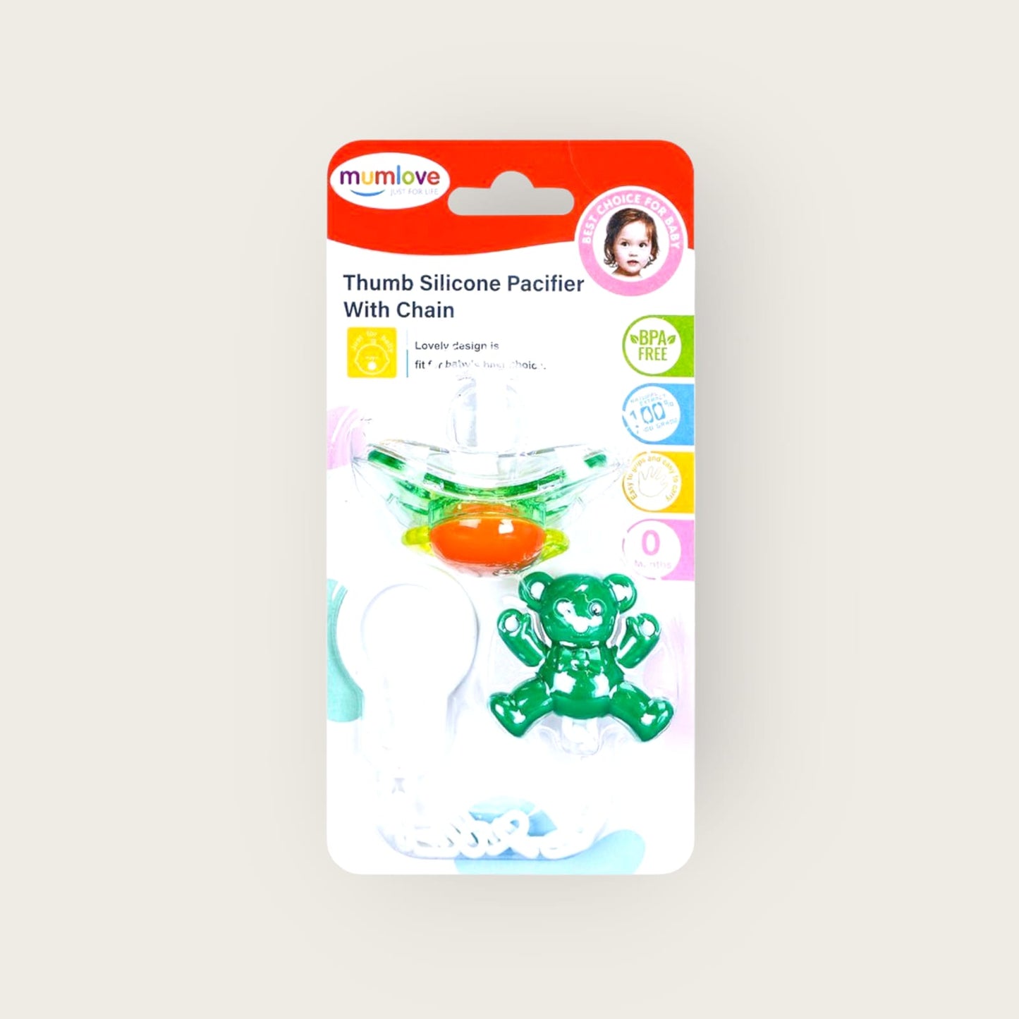 Thumb silicone pacifer with chain (BA0393)
